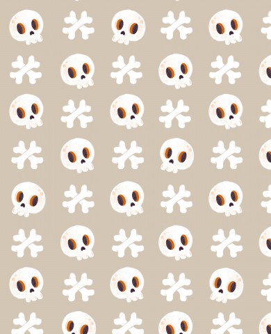 Rib Jersey a pattern of skulls and bones on a beige background