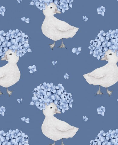 Waterproof fabric white ducks and blue flowers