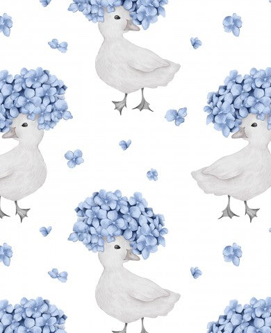 Jersey white ducks and blue flowers