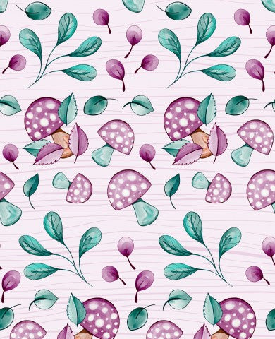 Waterproof fabric purple and green mushrooms and leaves