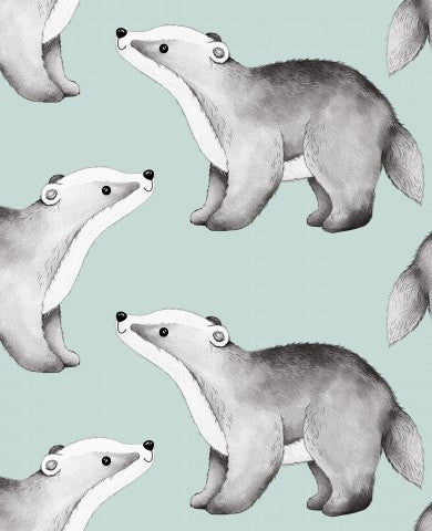 Satin cotton pattern of badgers on a green background