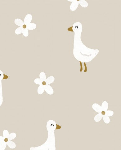 Satin cotton white ducks and daisies