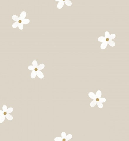 Carta da parati floreale Jersey con fiori bianchi su sfondo beige