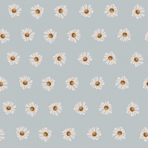 Muslin pattern of daisies on a light blue background
