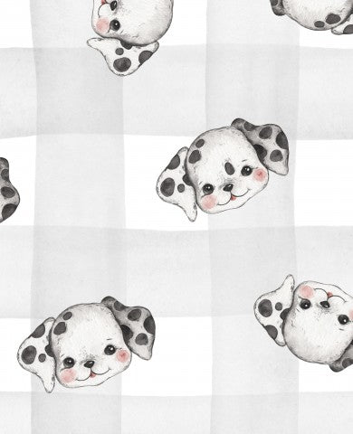 Waterproof fabric a Dalmatian dog pattern on a white checked background