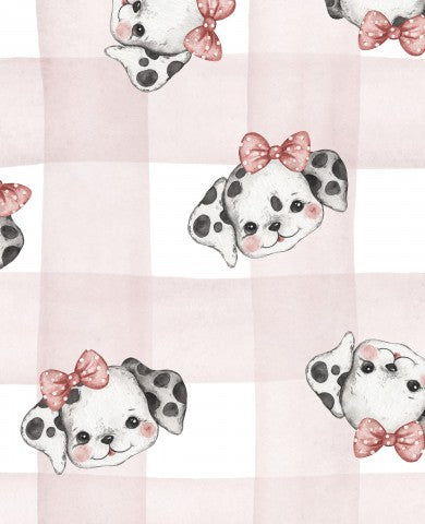 Cotone satinato con motivo a quadri rosa e bianchi con cani dalmata