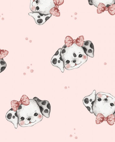 Lærredsstof i bomuld, dalmatisk pige, lyserød - Bløde stoffer til din næste kreation! Rosenrødt dalmatisk mønster på en lysegrå bund, ideelt til tøj, tasker