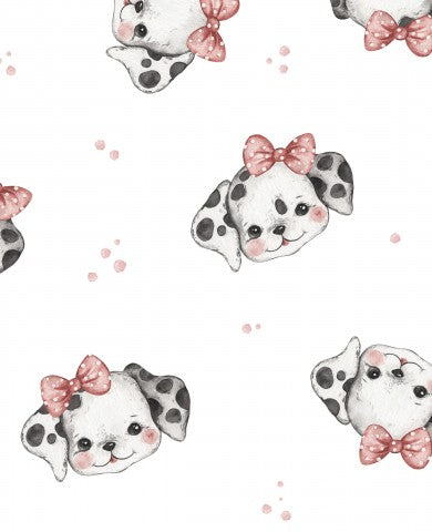 Hvidt bomuldsstof til dalmatisk pigedesign på lærredsbase, ideelt til syning af kjoler og lingeri, 100% bomuld, sælges i metermål.