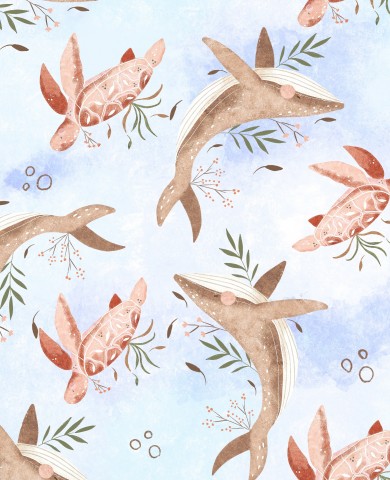 Satin Baumwolle Aquarellmuster mit Meeresschildkröten und Pflanzen