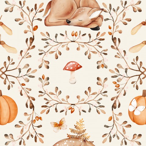 Satin cotton deer, mushrooms and pumpkins