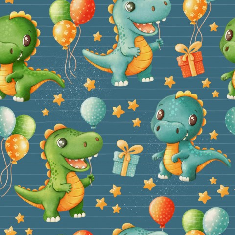 Muslin dinosaurs and balloons on a blue background
