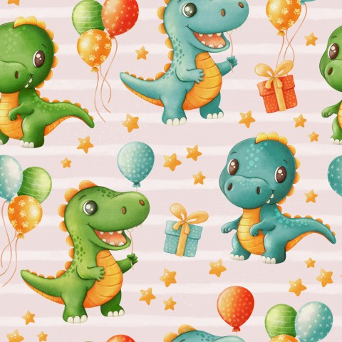 Ribbstickad jersey med dinosaurier och ballonger på rosa bakgrund