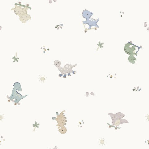 Waterproof fabric a white and blue wallpaper with dinosaurs on it
