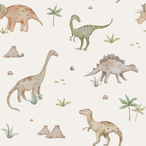 Muslin a pattern of dinosaurs on a grey background