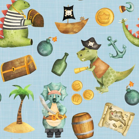 Satin cotton pirates and dinosaurs on a blue background