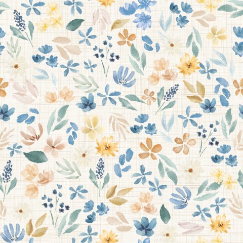 Tessuto di cotone satinato con fiori acquerellati e fiori blu, gialli e bianchi