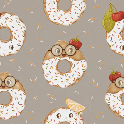 Panama Muster aus Donuts mit Gläsern und Erdbeeren