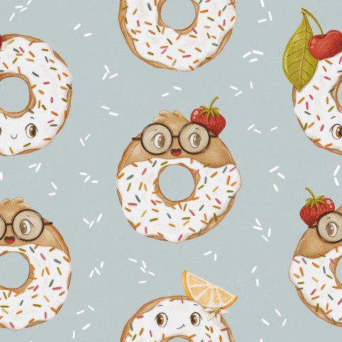 Motivo Panama di ciambelle con bicchieri e fragole