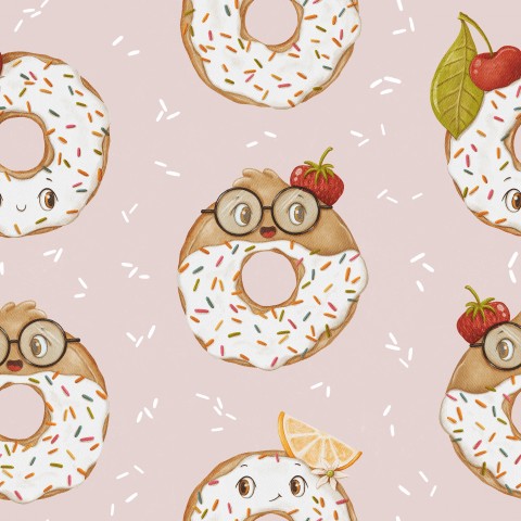 French Terry Muster aus Donuts mit Gläsern und Erdbeeren
