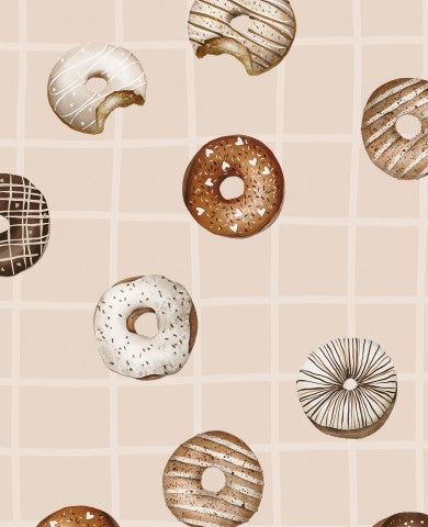 French Terry pattern of donuts on a beige background