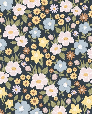 French Terry, une image d'un motif floral sur fond noir