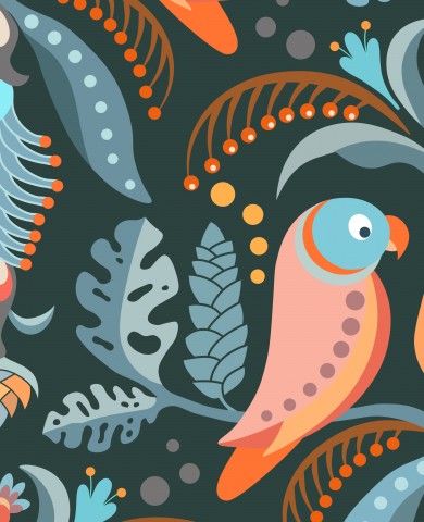 French Terry colorful birds and plants