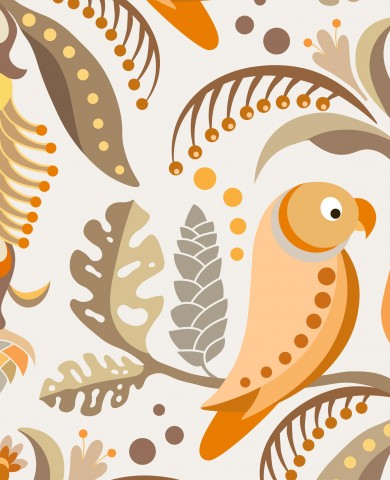 French Terry an orange-brown pattern with birds and leaves