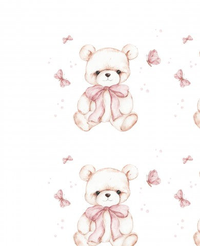 Rib jersey pattern of teddy bears with pink bows