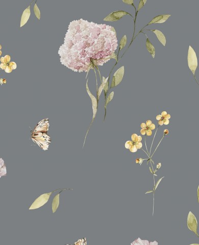 Muslin et blomstertapet med sommerfugle og blomster