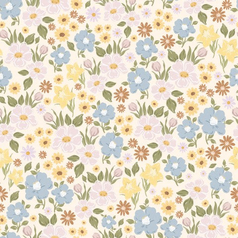 Muslin a floral wallpaper with blue, yellow and green flowers