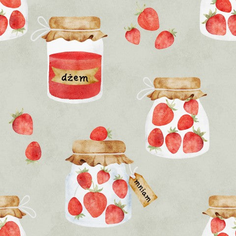 Muslin strawberry jam in jars on a gray background