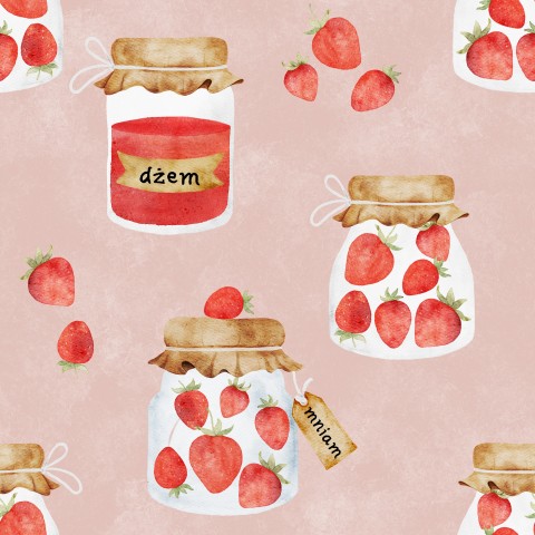 Marmellata di fragole in tessuto impermeabile in barattoli su sfondo rosa