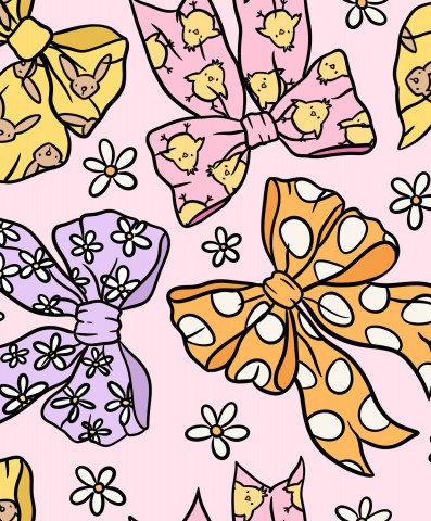 Rib Jersey ein Muster aus Schleifen und Blumen auf einem rosa Hintergrund