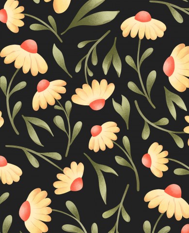 Satin cotton floral pattern with yellow daisies on a black background