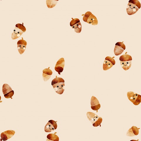 Satin cotton a pattern of acorns on a beige background