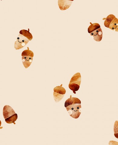 Rib Jersey a pattern of acorns on a beige background