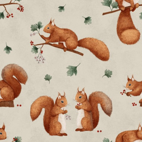 Natürliche Schönheit: Canvas Baumwolle Eichhörnchen auf Ast - beige, ideal für dekorative Taschen und Accessoires. Baumwoll-Canvas-Stoff mit Naturmotiv, ideal