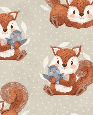 SoftShell squirrels and birds on a dotted background