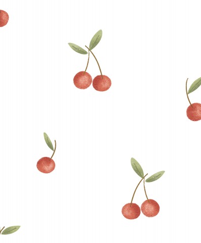 Satin cotton cherries and leaves on white background