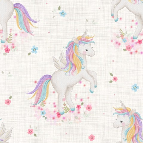 Unicorni e fiori in raso di cotone