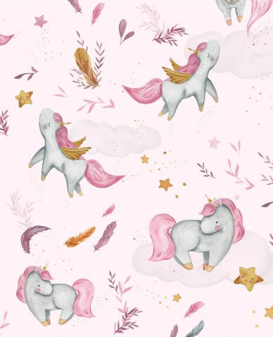 French Terry watercolor unicorns and feathers