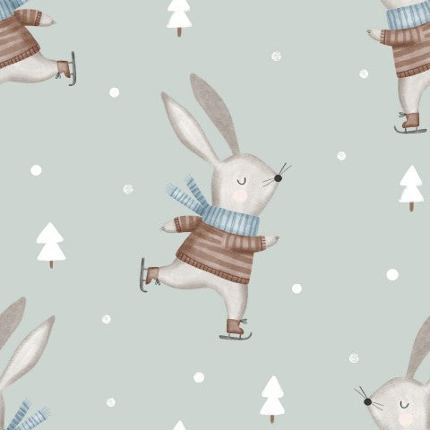 French Terry Muster von Kaninchen, die Pullover und Mützen tragen