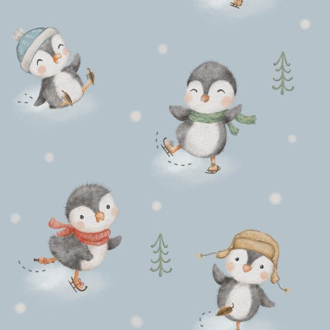 Naai je dromen op canvas! Katoenen schaatsende pinguïns in het klein, ideaal voor kleding en accessoires.
