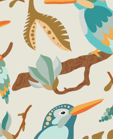 French Terry colorful birds and leaves