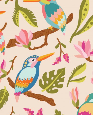 French Terry colorful birds and flowers