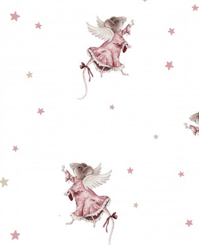 Carta da parati in raso di cotone rosa e bianco con topi e stelle