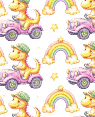 Musselin einem Dinosaurier, der ein Auto fährt, und einem Regenbogen