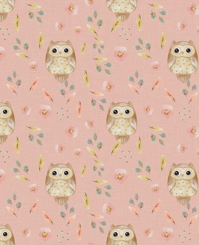 Waterproof fabric with an owl and flower pattern on a pink background