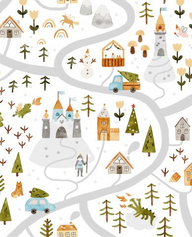 Satin Baumwolle eine Illustration einer Winterkarte mit Häusern, Bäumen und Bäumen