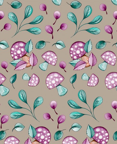 French Terry mushrooms and leaves on brown background